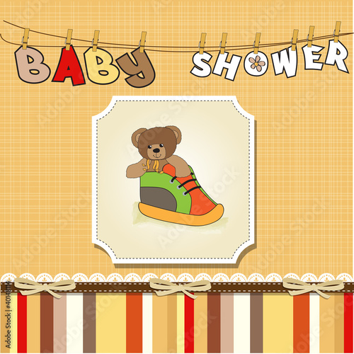 shower card with teddy bear hidden in a shoe