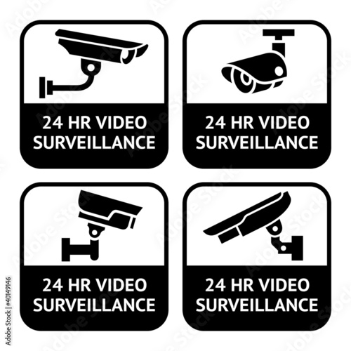 CCTV labels, set symbol security camera pictogram