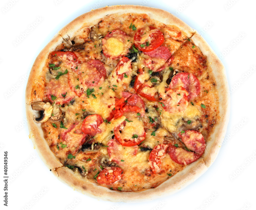 delicious pizza with sausage and vegetables isolated on white delicious pizza with sausage and vegetables isolated on white