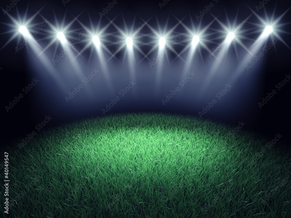 Sports arena spotlights and turf , 3d illustration