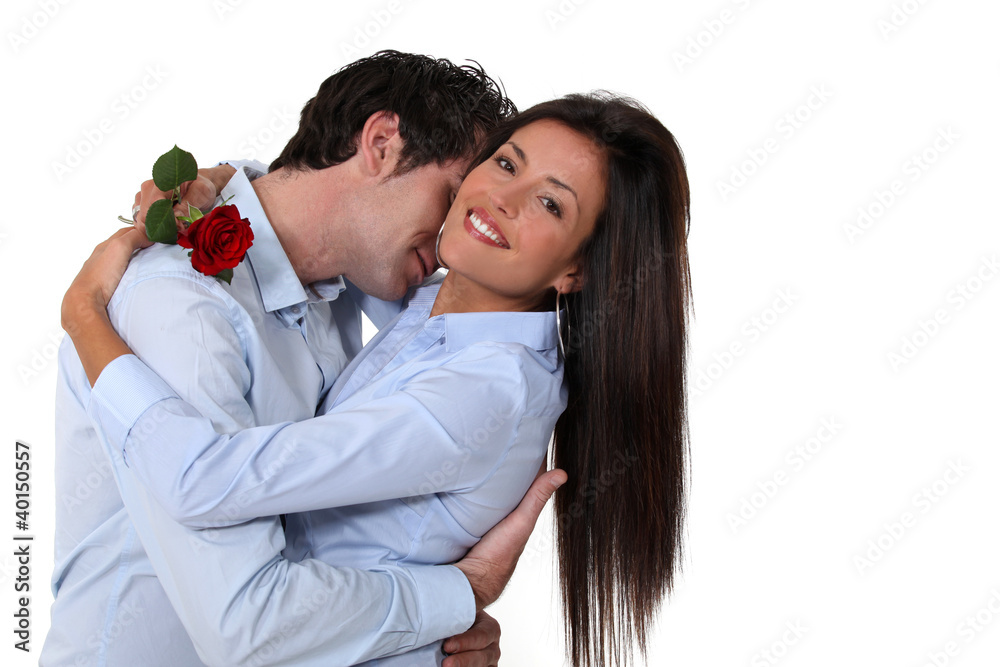Woman offered rose by husband Woman offered rose by husband