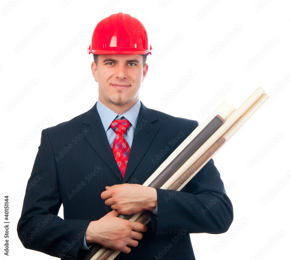 Handsome smiling engineer with hard hat and blueprints Handsome smiling engineer with hard hat and blueprints