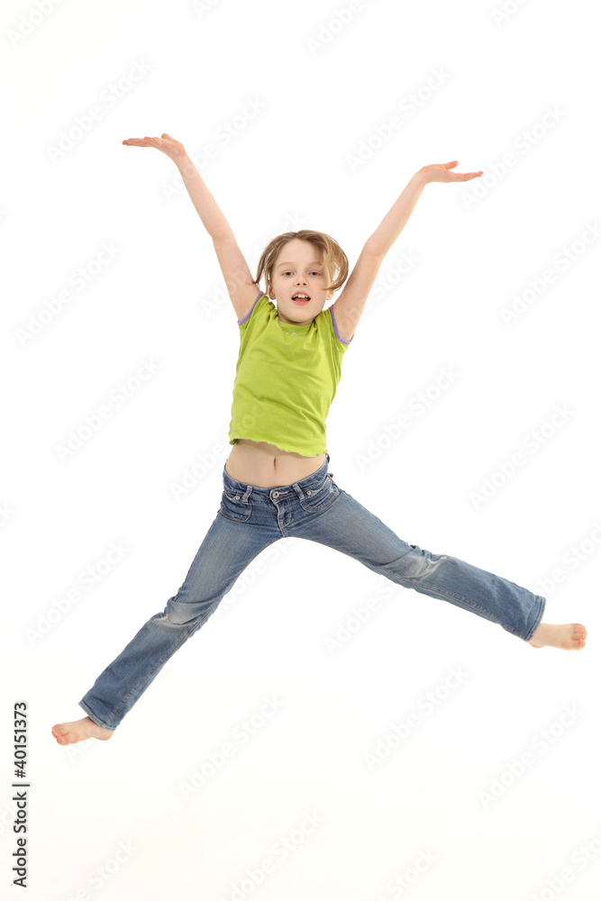 Girl jumping isolated on white background