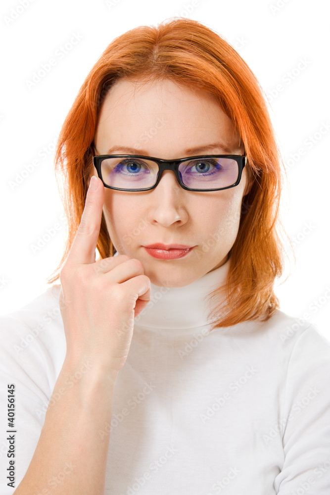 A beautiful girl with red hair wearing glasses thinking A beautiful girl with red hair wearing glasses thinking