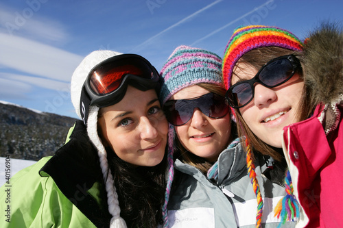Three female friends on skiing holiday