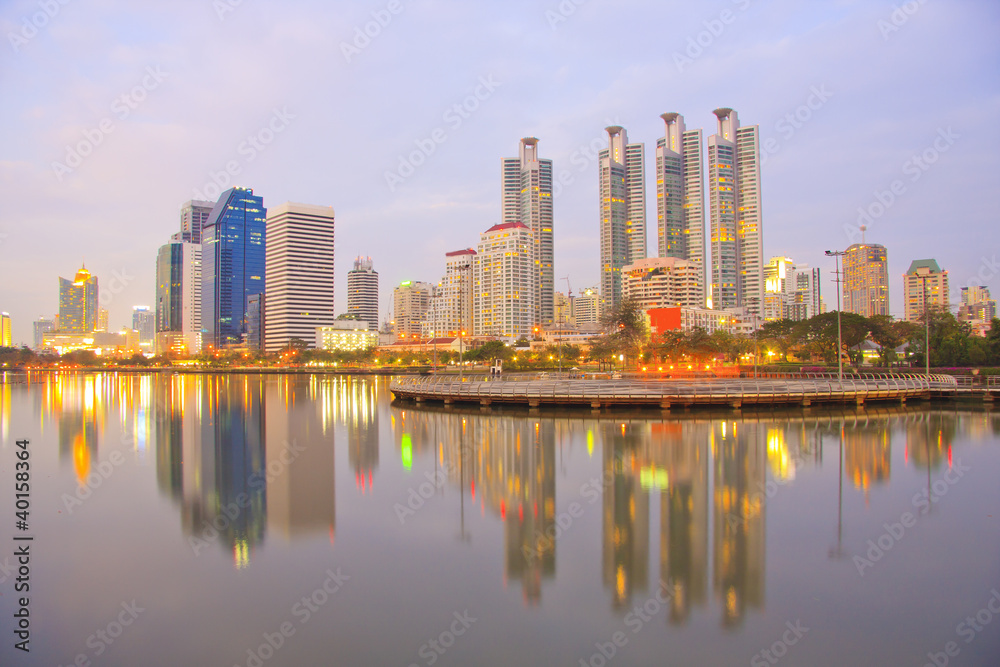 Building suset and water reflection