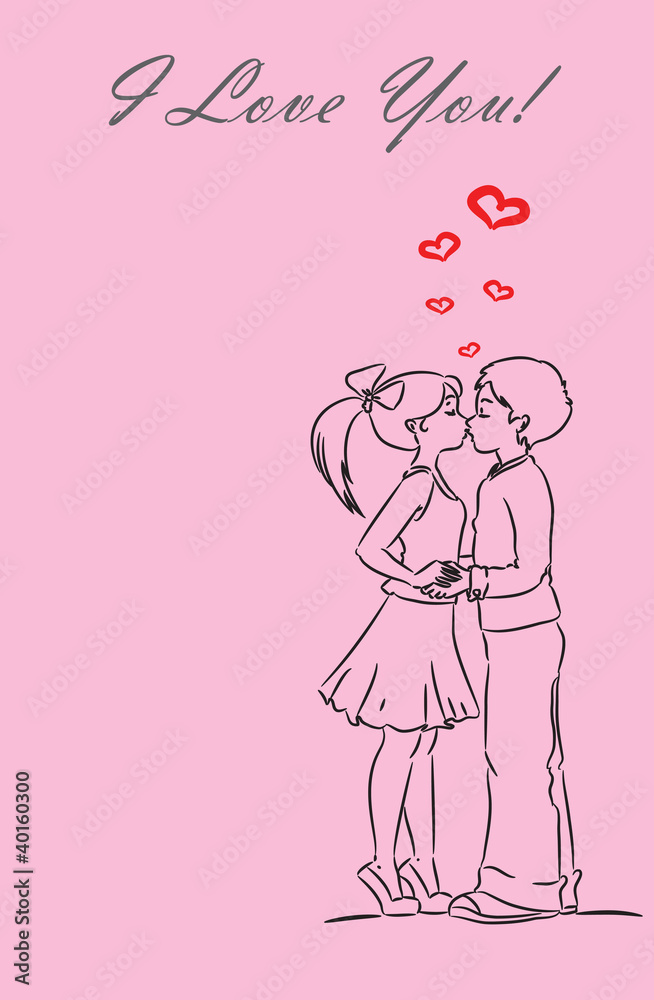 Boy and girl kissing.The card for Valentine's Day, background Boy and girl kissing.The card for Valentine's Day, background