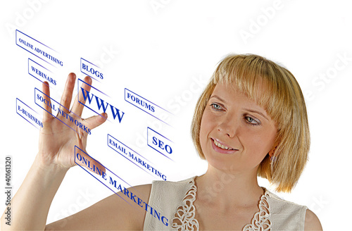 Businesswoman pressing business type of modern buttons with virt photo