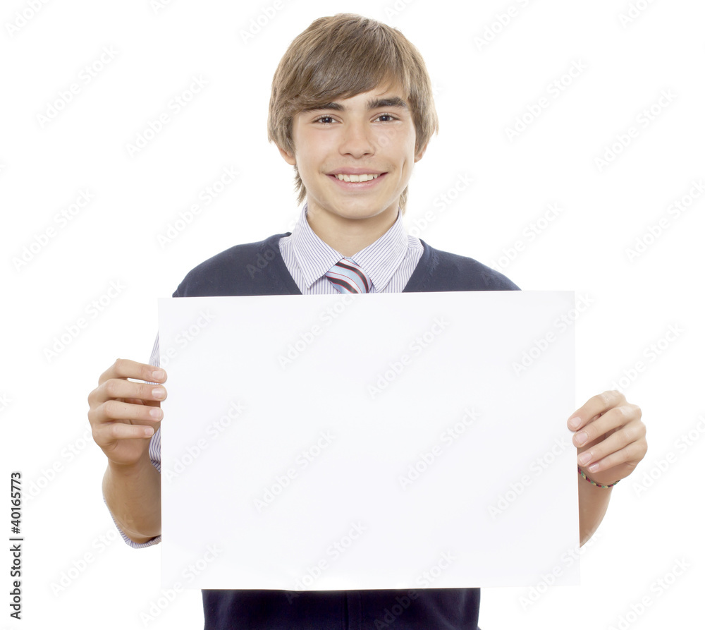 The young man holds a paper blank leaf The young man holds a paper blank leaf