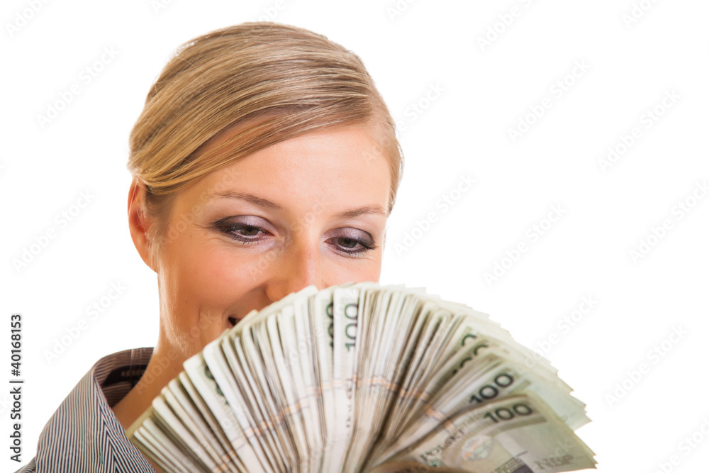 Businesswoman with polish zloty banknotes isolated on white Businesswoman with polish zloty banknotes isolated on white