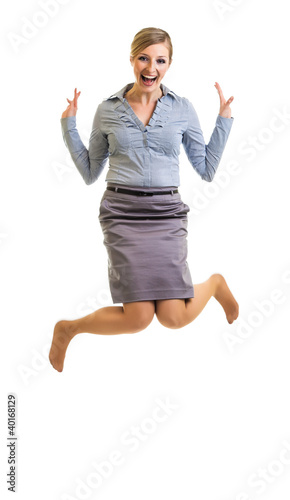 Business woman jumping with happiness isolated on white