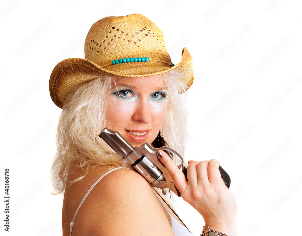 Foto Stock cowgirl with modern makeup and gun | Adobe Stock