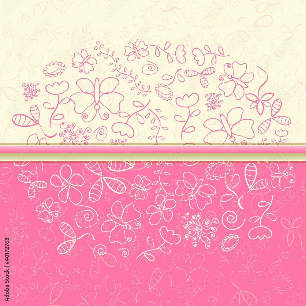 Pink Greeting Card with Flower and Butterfly