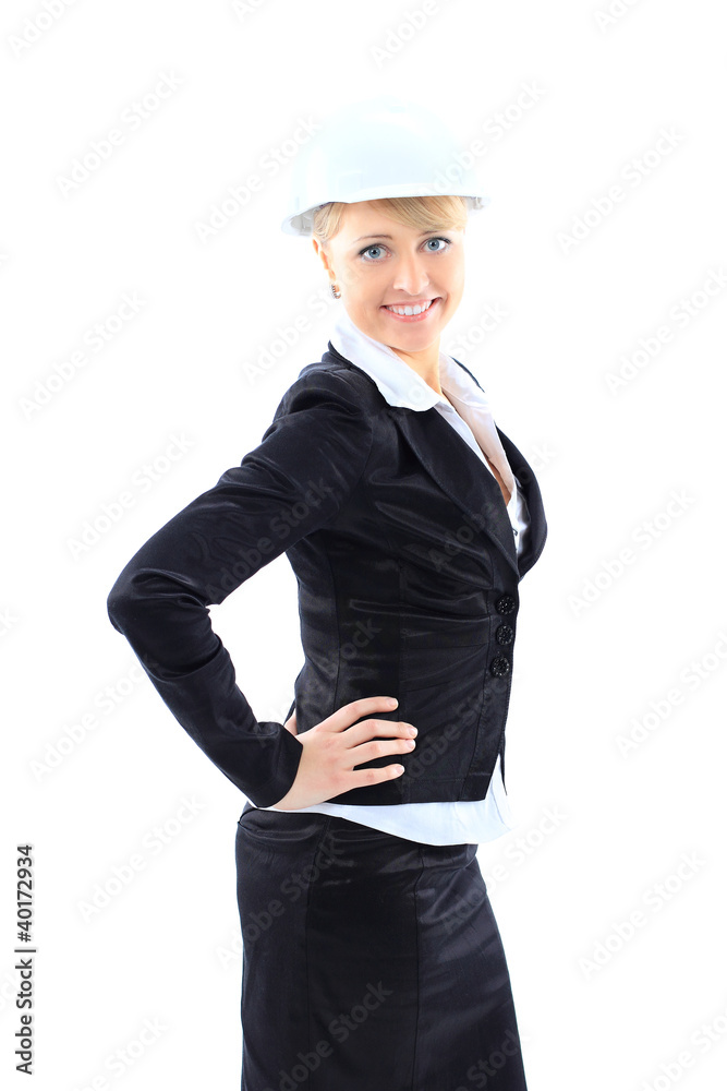 Businesswoman with construction helmet. Isolated on white Businesswoman with construction helmet. Isolated on white