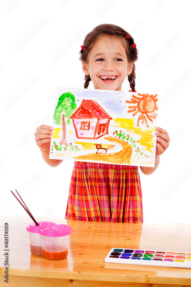 Smiling little girl with watercolor painting Stock Photo | Adobe Stock