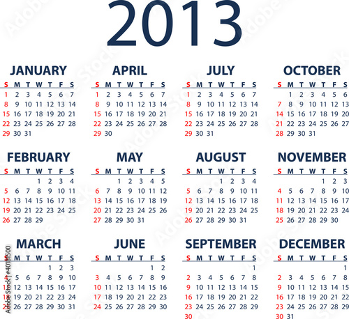 Simple full editable 2013 vector calendar - weeks start Sunday
