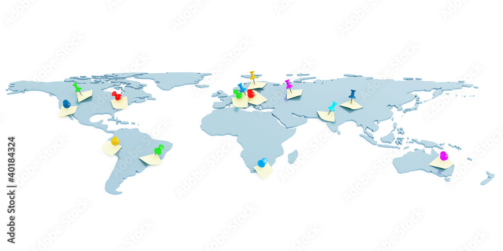 Fototapeta premium Global map with attached pins and stickers