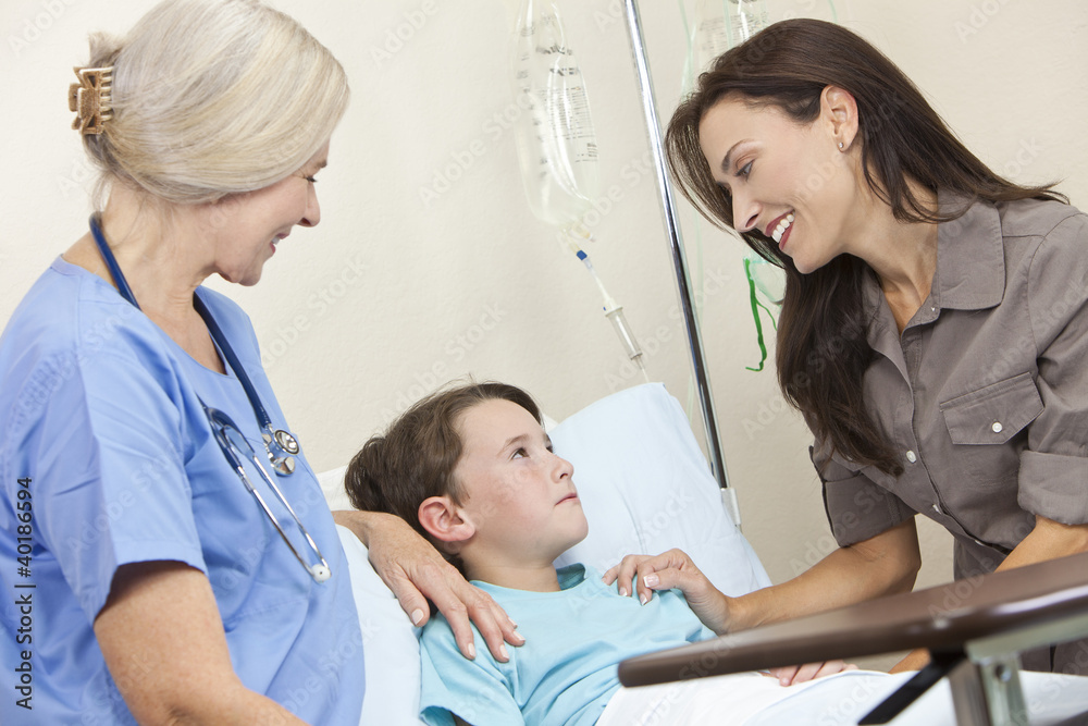 Boy Child Patient In Hospital Bed With Mother & Doctor Boy Child Patient In Hospital Bed With Mother & Doctor