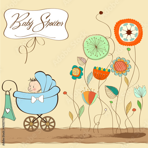 baby boy announcement card with baby and pram