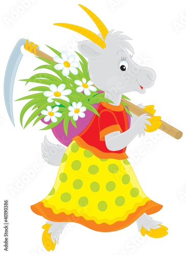 Goat with scythe and mown grass