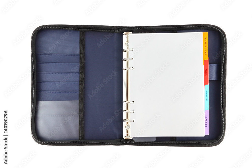Direct blue fabric cover opened notebook on white background.