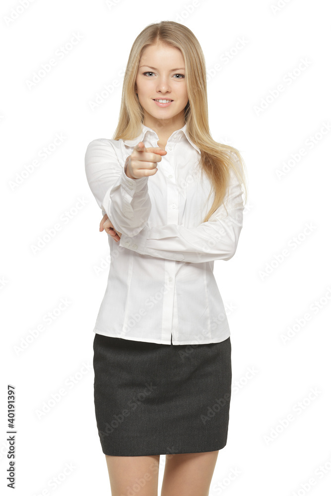 Portrait of a charming young female pointing at you Portrait of a charming young female pointing at you