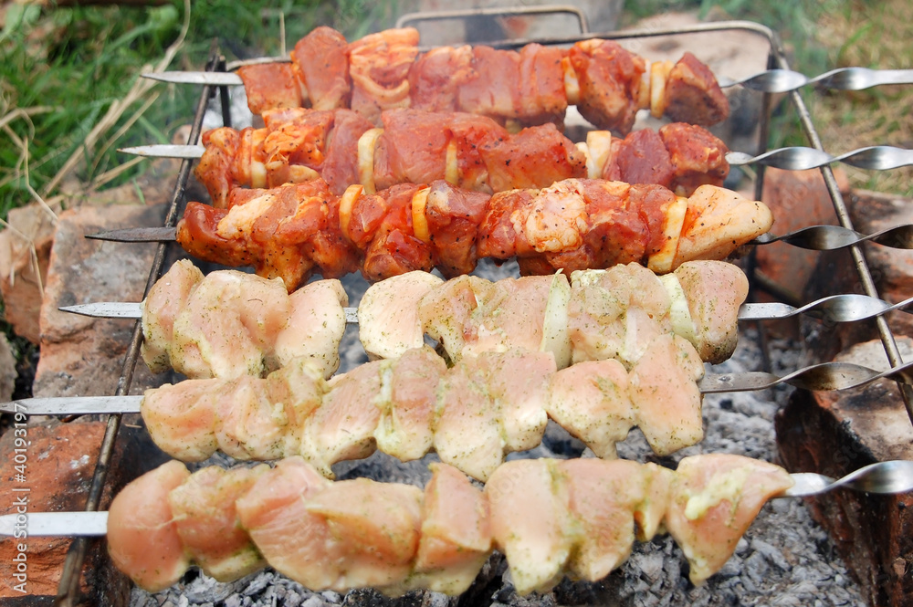 shish kebab on skewers and hot coals shish kebab on skewers and hot coals