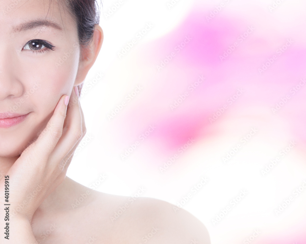 Naklejka premium Woman Half smile Face and hand touch face
