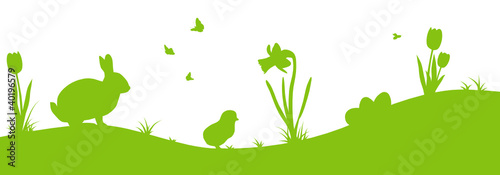 Easter scene with bunny, chick, and flowers