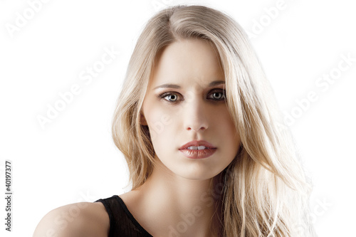 natural blond woman with mouth slightly open