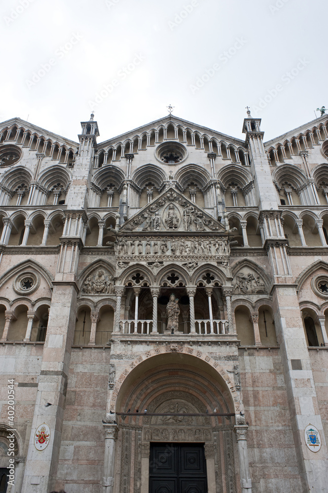 Entrance of the Romanesque Ferrara Cathedral, Italy