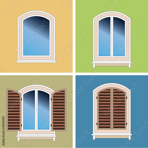 Four classical types of arched windows over stucco background