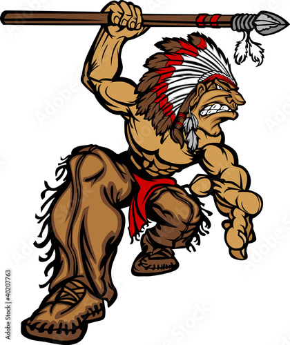 Indian Chief Mascot with Spear and Headdress Vector Illustration