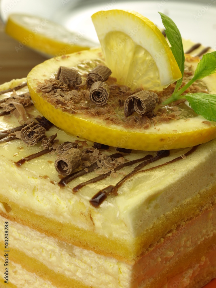 Cheesecake with lemon, closeup