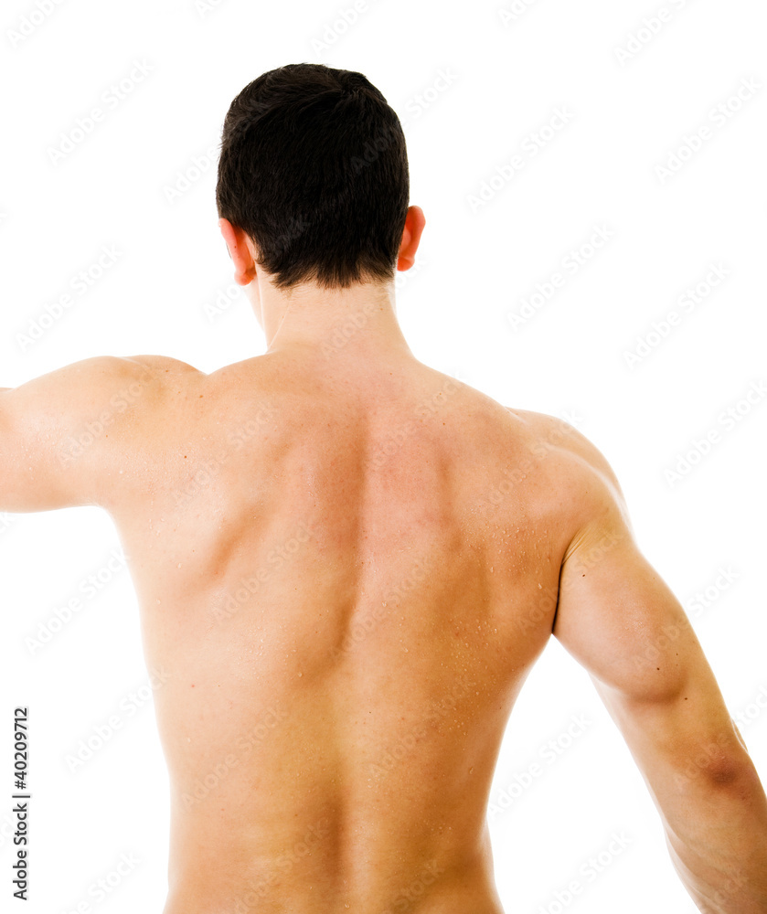 muscular male back on white background