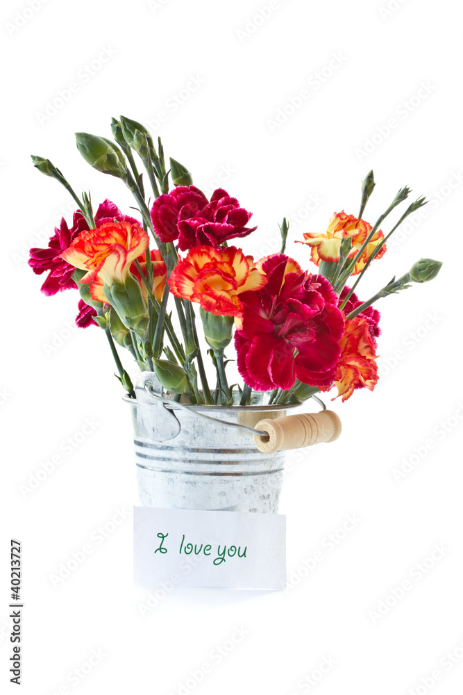 bright bouquet of carnations in a bucket