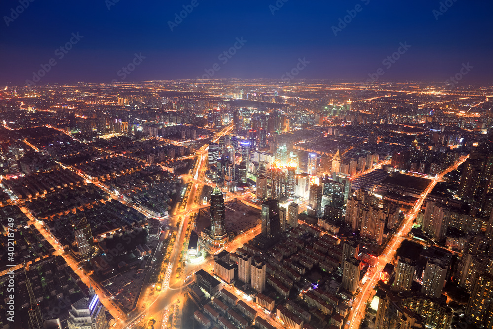 aerial view of the bright lights of city