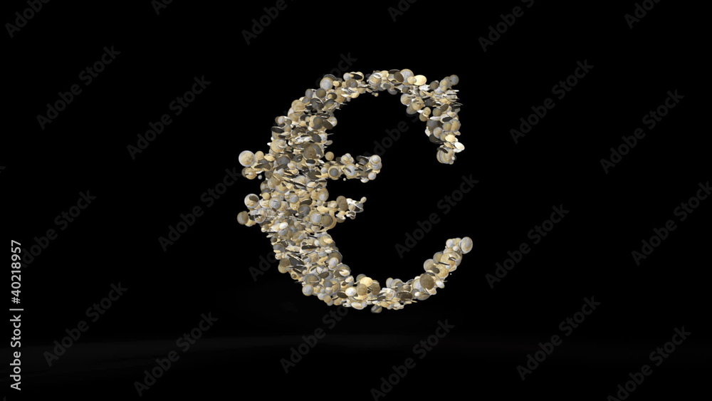 Euro made of coins exploding against black Euro made of coins exploding against black