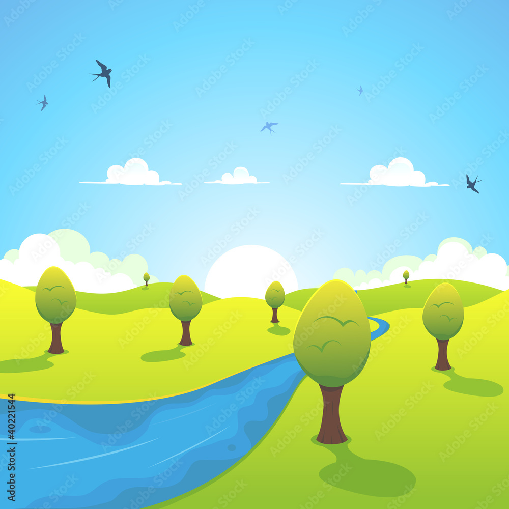 Obraz premium Spring Or Summer River And Flying Swallows