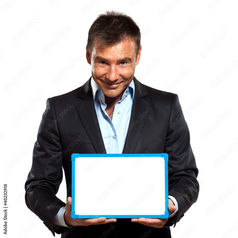 one business man holding showing whiteboard one business man holding showing whiteboard