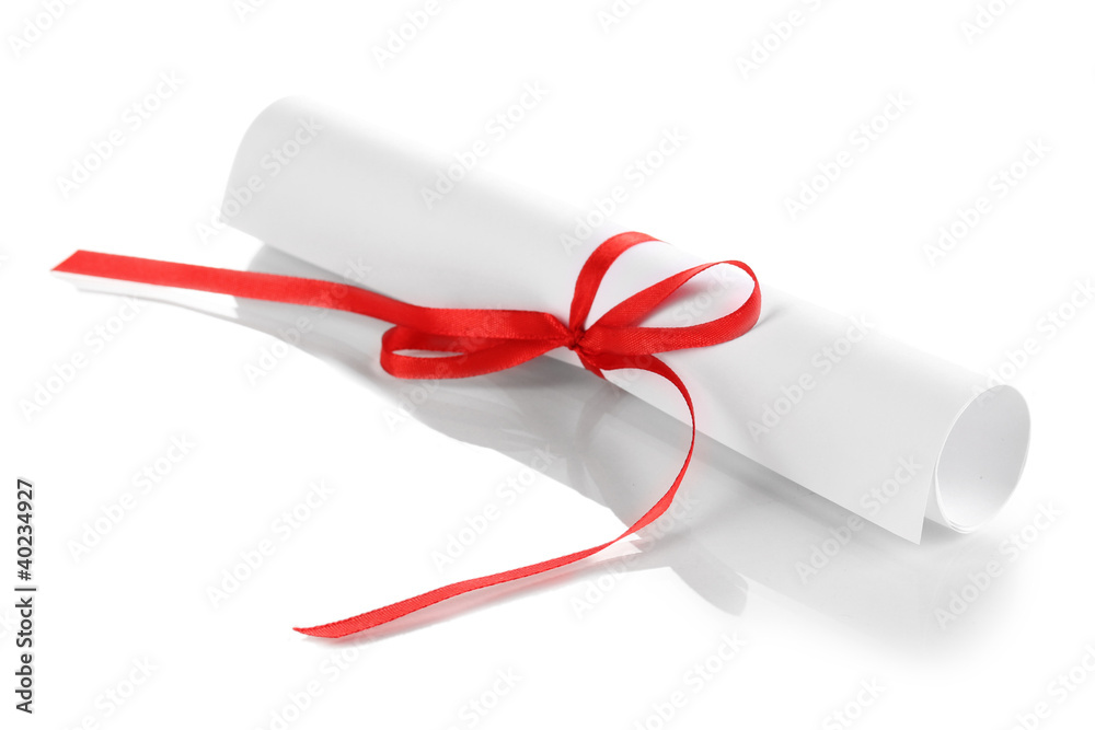 Graduation diploma tied with ribbon isolated on white