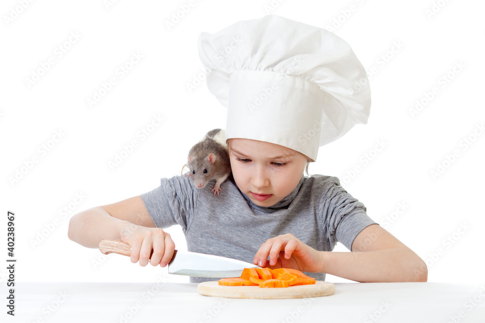 Chef girl preparing healthy food. Helper domestic rat sitting on Chef girl preparing healthy food. Helper domestic rat sitting on