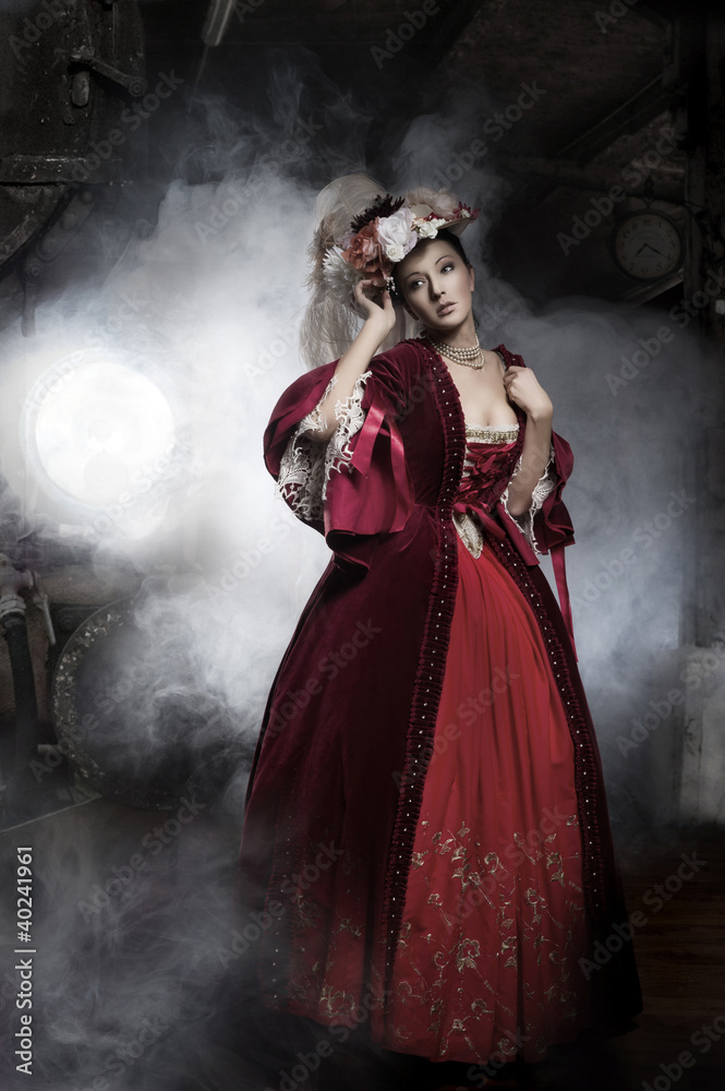 Beauty woman wearing old fashioned dress - obrazy, fototapety, plakaty 