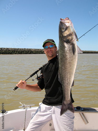 Happy  fisherman holding a sea bass