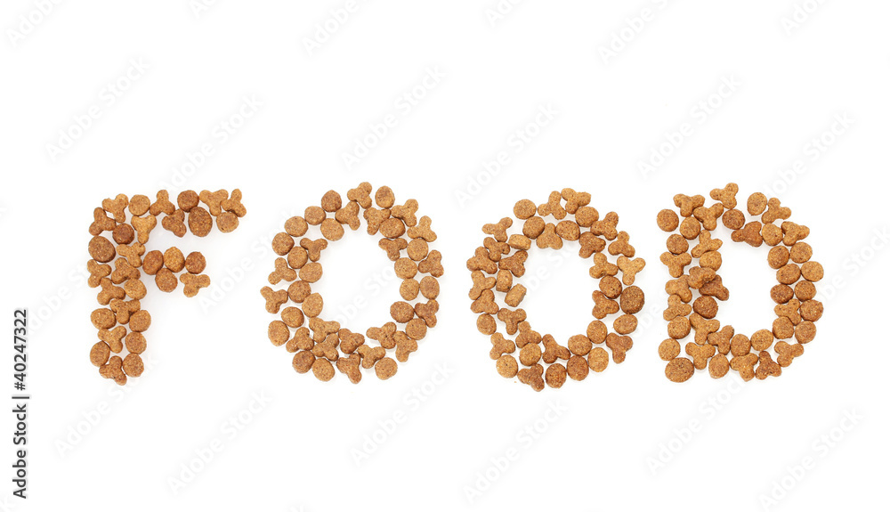 Inscription Food of dry cat food isolated on white Inscription Food of dry cat food isolated on white