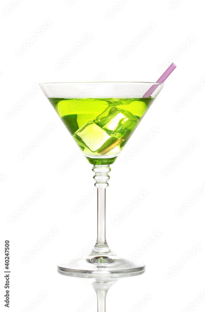 Yellow cocktail in martini glass isolated on white