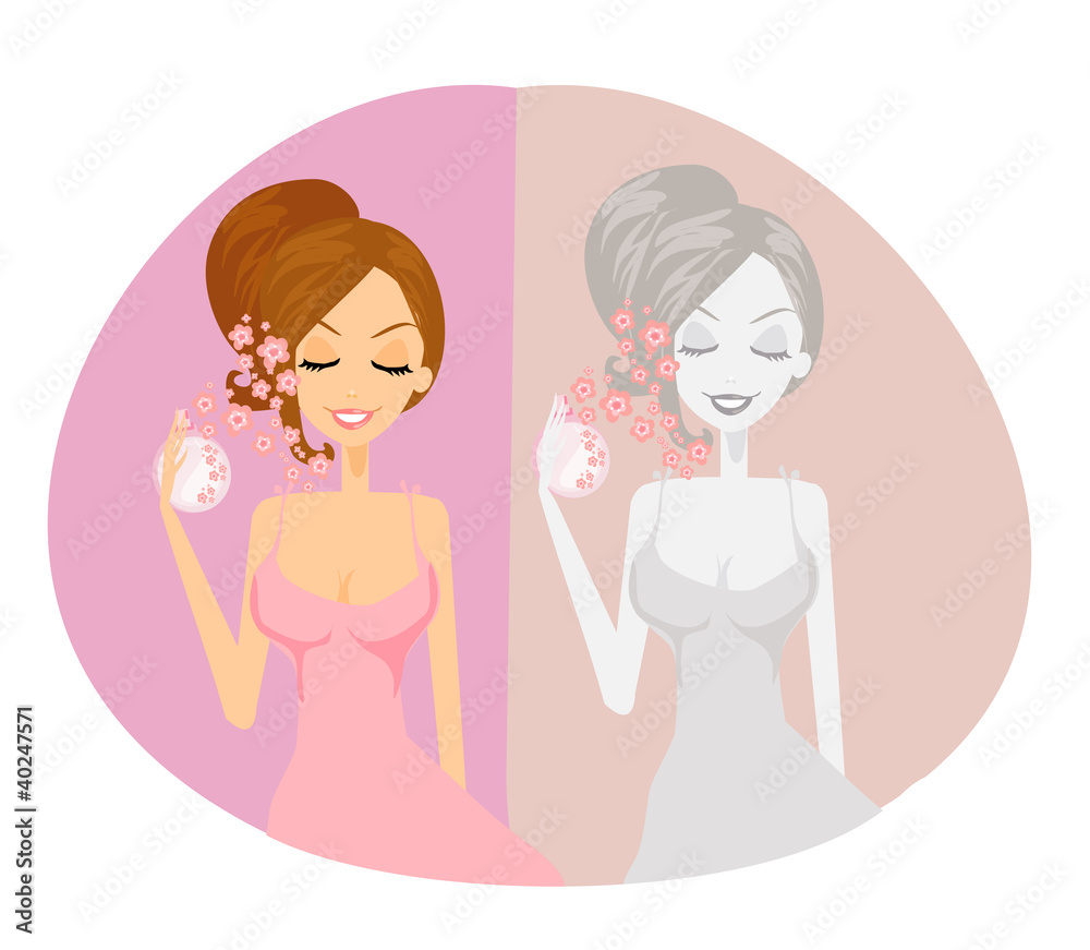 young woman spraying perfume on herself young woman spraying perfume on herself