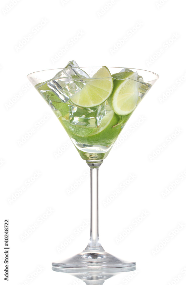 glass of cocktail with lime and mint isolated on white glass of cocktail with lime and mint isolated on white