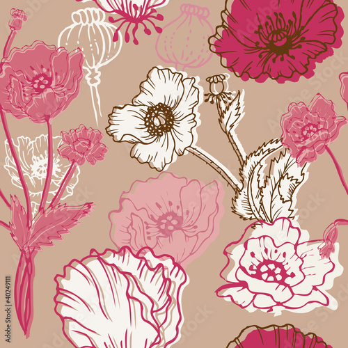Fototapeta Naklejka Na Ścianę i Meble -  Seamless Poppy Background - for your design, scrapbook in vector