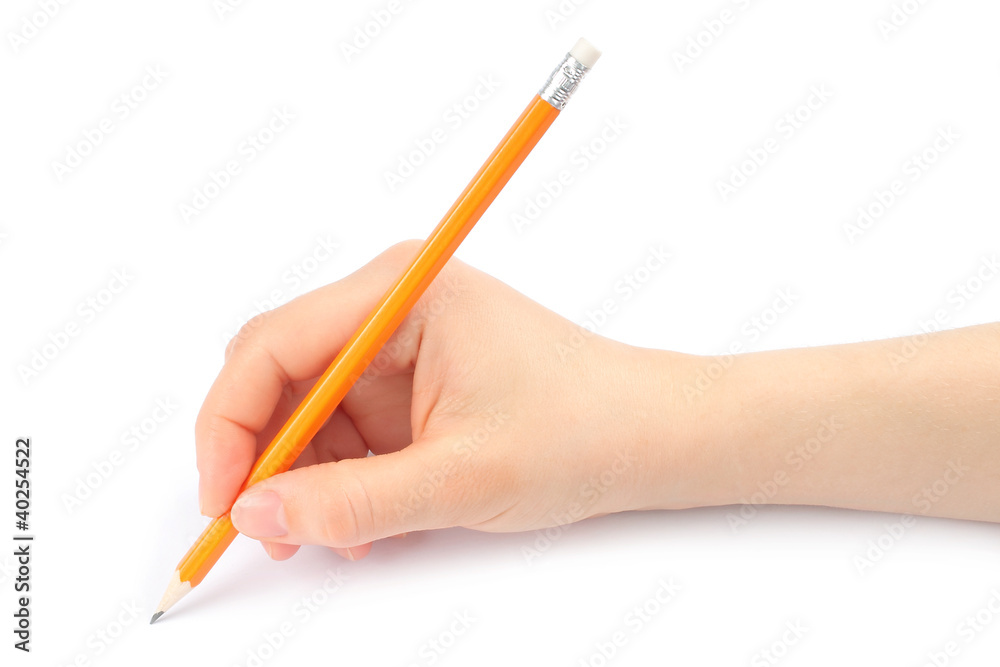 Woman hand with pencil on a white background Woman hand with pencil on a white background